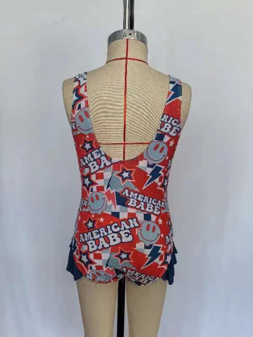 S0214 4th of July Stars check blue lace one-piece swimsuit