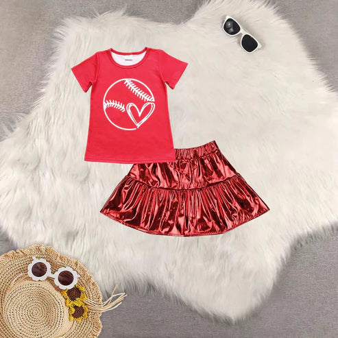 4.29 Sibling Baby Girls Short Sleeves Cow Stars Top Red Leather Skirts Western 4th Of July Sets