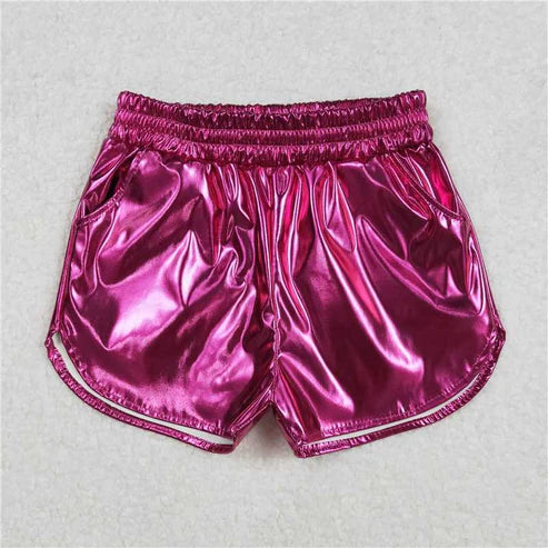 4.14  8 Colors Sibling Baby Girls Pockets Leather Metallic Elastic Bottom Shorts