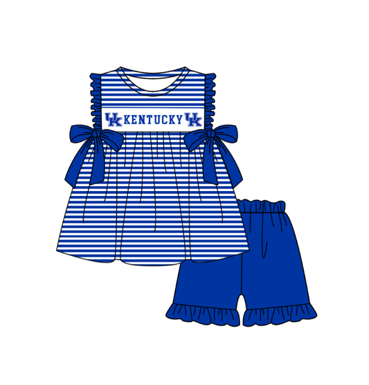 1.29 Custom Order Moq 3 Baby Girl Kentucky UK Bows Stripe Tunic Top Ruffle Shorts Team Clothes Sets