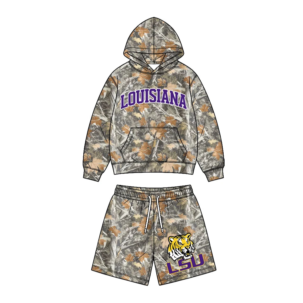 Custom Order Baby Boys Leaves Camo Louisiana Pocket Hoodie Short Team Clothes Sets