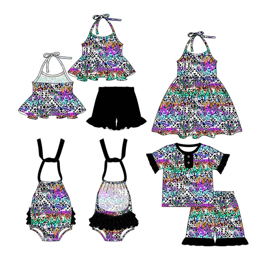 26.1.2 Custom MOQ:3 or 5 pcs each design milk silk Sibling baby girl clothes geometric short sleeve shorts sets 2 and dress and romper