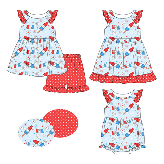 26.1.9 Custom MOQ:3 or 5 pcs each design milk silk Sibling baby girl clothes floral USA short sleeve shorts sets and dress and romper