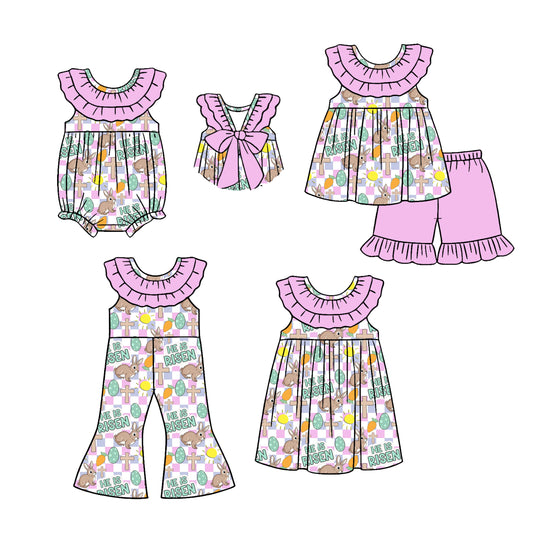 26.1.1 Custom MOQ:3 or 5 pcs each design milk silk Sibling baby girl clothes easter short sleeve shorts sets and dress and romper and jumpsuit