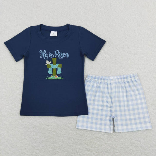 BSSO0319 he is risen to embroidered cross navy blue short-sleeved blue and white checked shorts suit