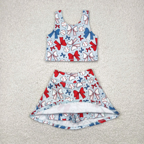 5.5  Sibling Baby Girls Baseball 4th Of July Yoga Active Wear Vest Skort Sets Knee Length Dresses