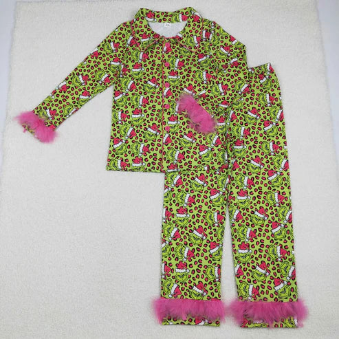 11.1 Mommy&Me Leopard Grin Button Fur Sleeve Pajamas Sets Ruffle Dresses Zipper Rompers