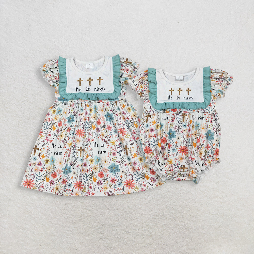 Sibling Baby girl clothes summer easter floral short sleeve dress and Rompers