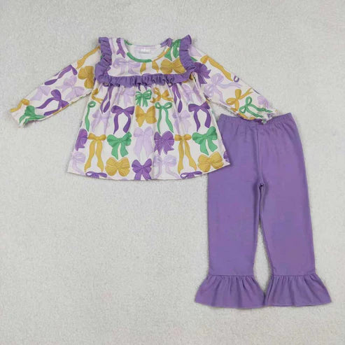 10.31 Sibling Baby Girls Mardigras Bows Ruffle Pants Clothes Set Jumpsuits Knee Length Dress Rompers