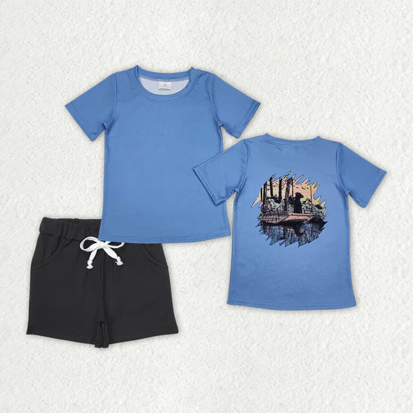 BT1082+SS0137 Baby Boys Blue Dog Hunting Shirts Pocket Shorts Clothes Set