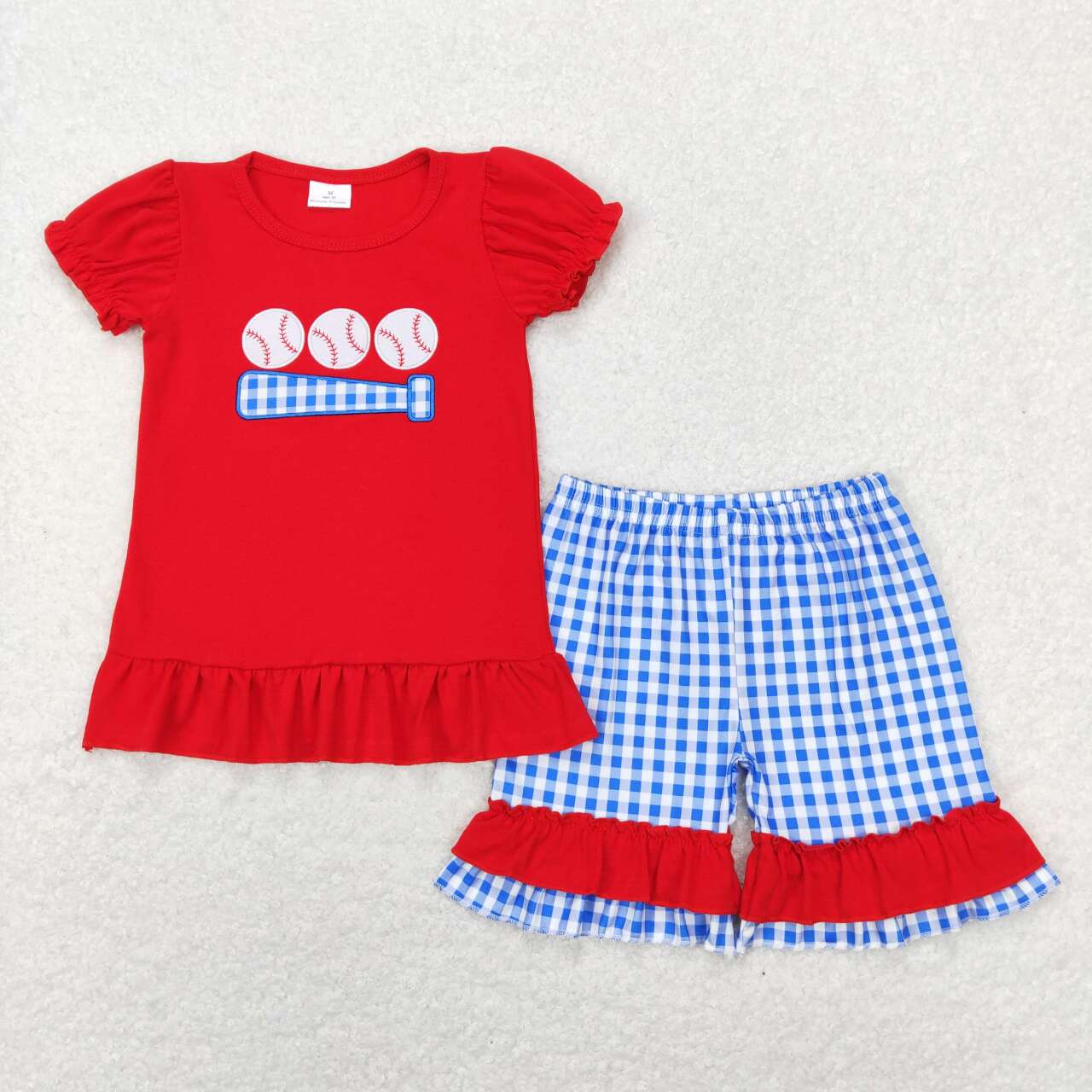 GSSO0428 Embroidered baseball red lace short sleeve blue plaid shorts set