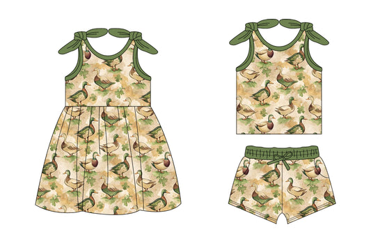 26.1.14 Custom MOQ:3 or 5 pcs each design milk silk Sibling baby girl clothes duck short sleeve shorts sets and dress