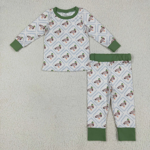 11.1 Sibling Boys Green Ducks Checked Pajamas Clothes Sets Zipper Rompers Blankets