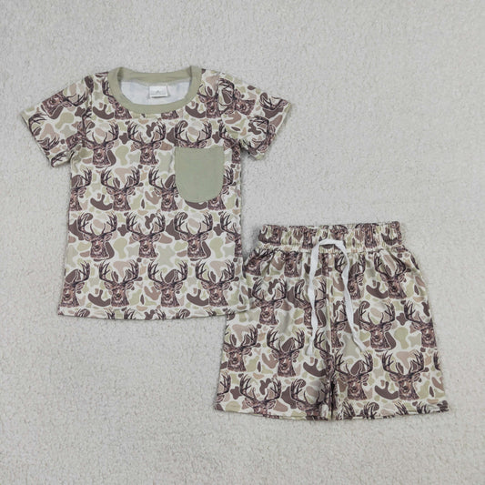 BSSO1794 Kids Baby Boys Southern Khaki Deer Camo Pocket Top Shorts Hunting Clothes Sets