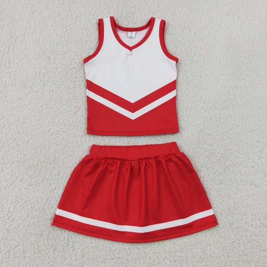 GSD4198 Kids Baby Girls Red White Stripe Vest Skirt Shorts Team Yoga Active Clothes Sets
