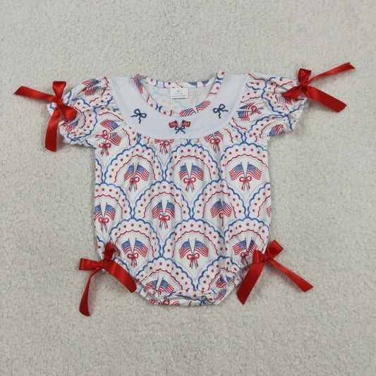SR3887 Embroidery Bows Flags Baby Girl Checked 4th of July Ruffle Rompers