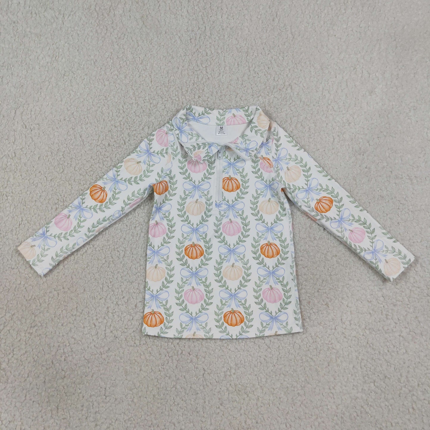 GT1705 Kids Clothing Baby Girls Pumpkins Bows Checked Yoga Active Half Zip Fall Pullovers Top