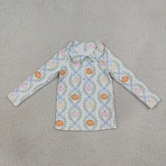 GT1705 Kids Clothing Baby Girls Pumpkins Bows Checked Yoga Active Half Zip Fall Pullovers Top