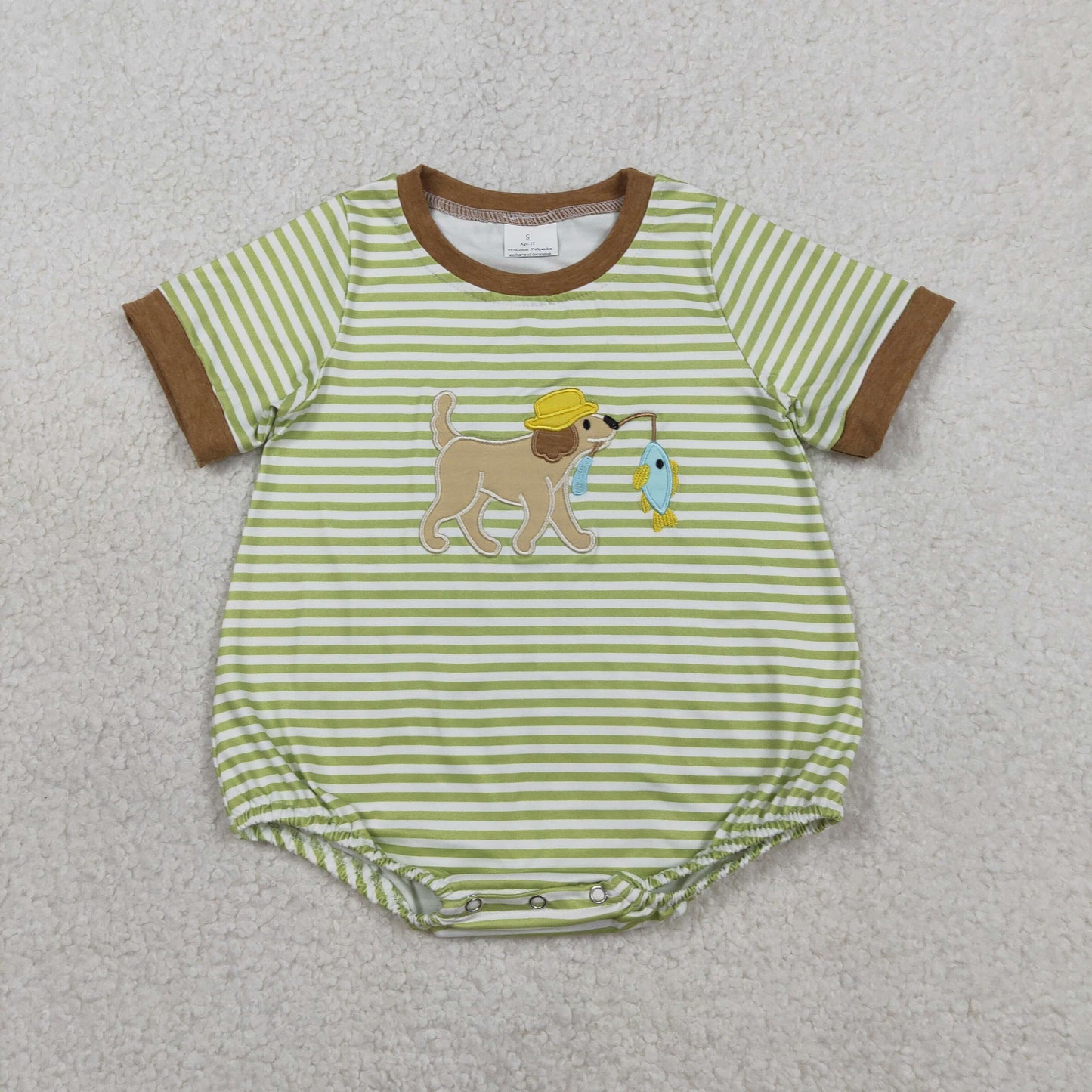 RTS NO MOQ（In Stock) SR3765 Embroidered Fishing Puppy Green Striped Short-Sleeve Jumpsuit