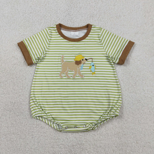 RTS NO MOQ(In Stock) SR3765 Embroidered Fishing Puppy Green Striped Short-Sleeve Jumpsuit