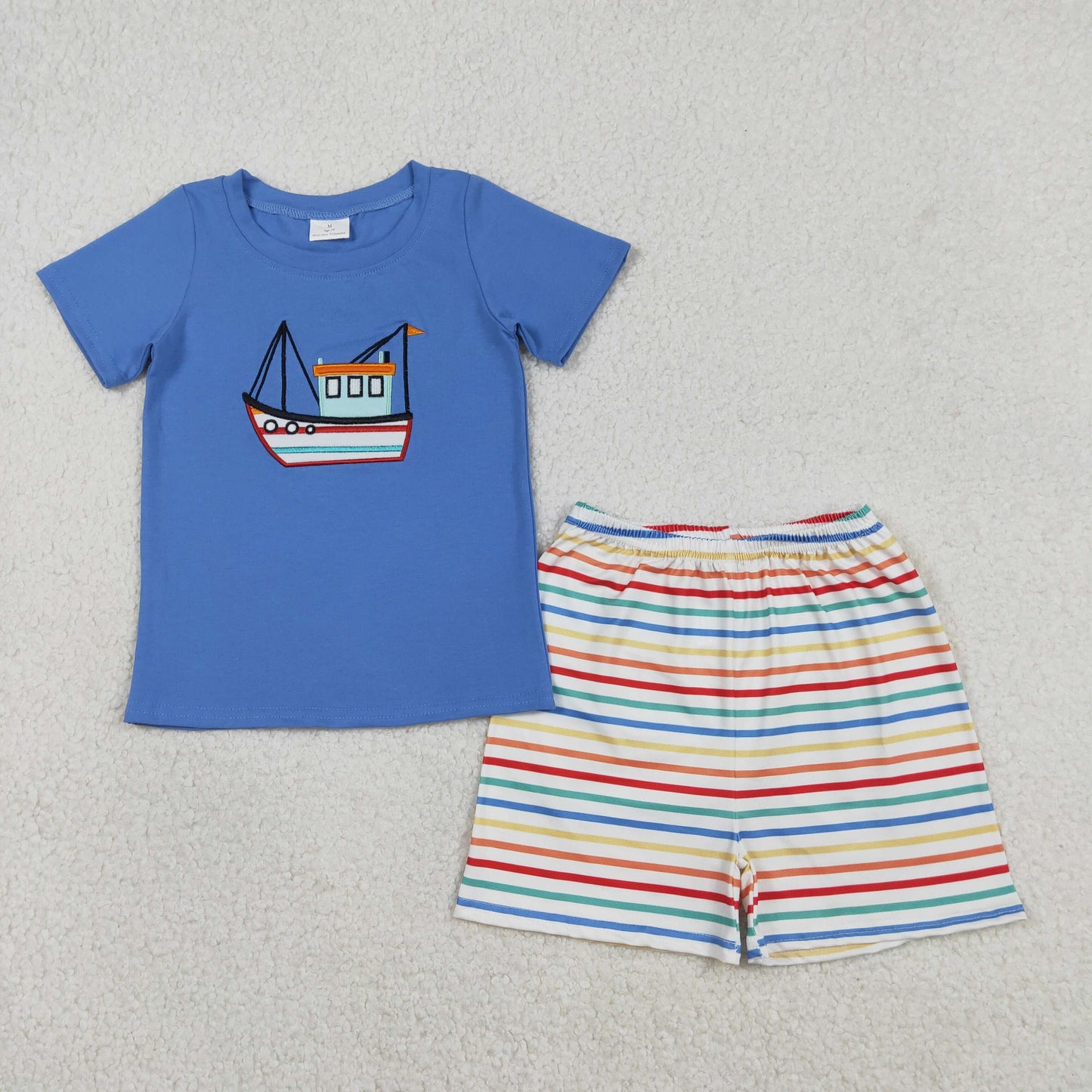 RTS NO MOQ（In Stock) BSSO1754 Embroidered Ship Blue Short-Sleeved Colorful Striped