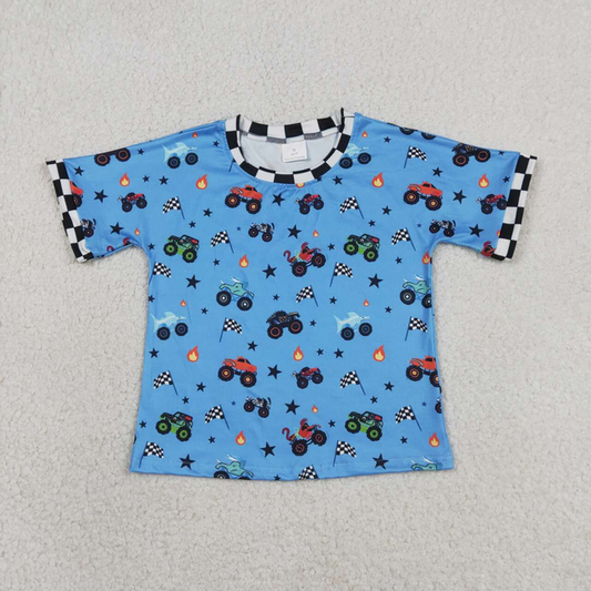 BT1496 Kids Baby Boys Blue Short Sleeve Motor Cars Flags 4th of July T-shirts Top