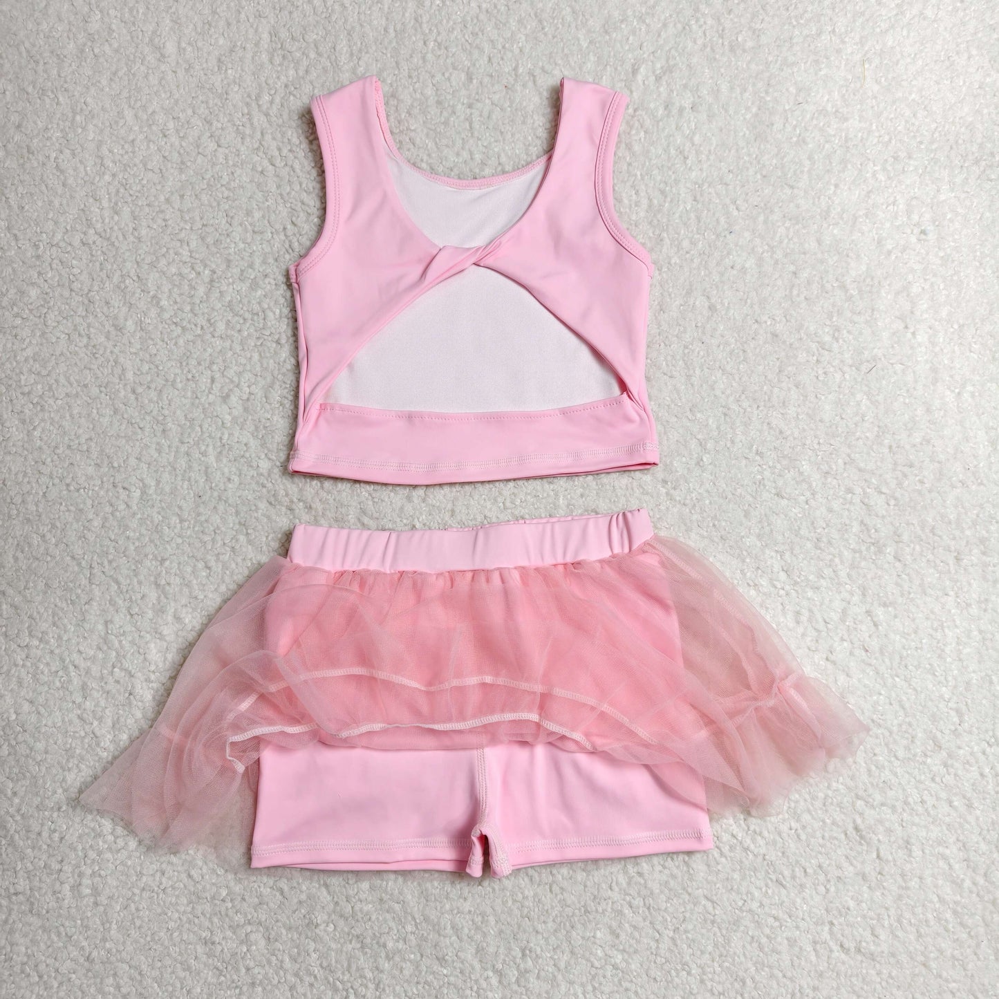 GSD3806 Kids Baby Girls Pink Sleeveless Vests Tassel Skirt Short Yoga Active Clothes Set