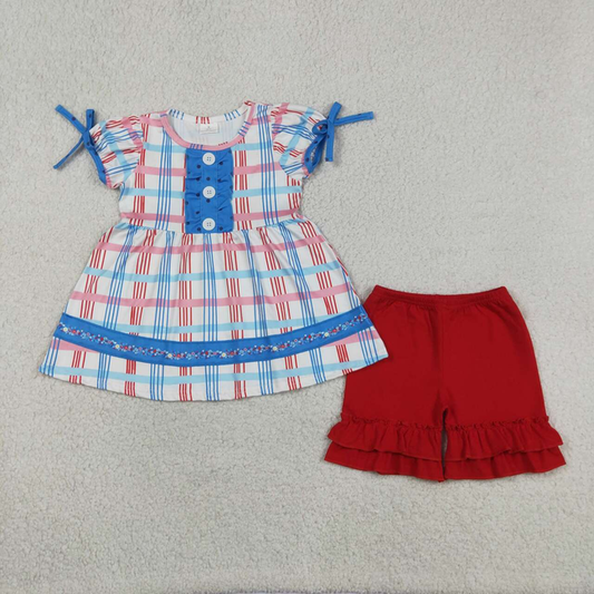 GSSO2815 Kids Baby Girls Red Blue Checked Button Tunic Ruffle Shorts July 4th Clothes Sets