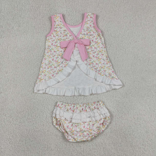 GBO0518 Kids Baby Girls Sleeveless Colorful Flowers Back Bow Tunic Bummies Clothes Sets