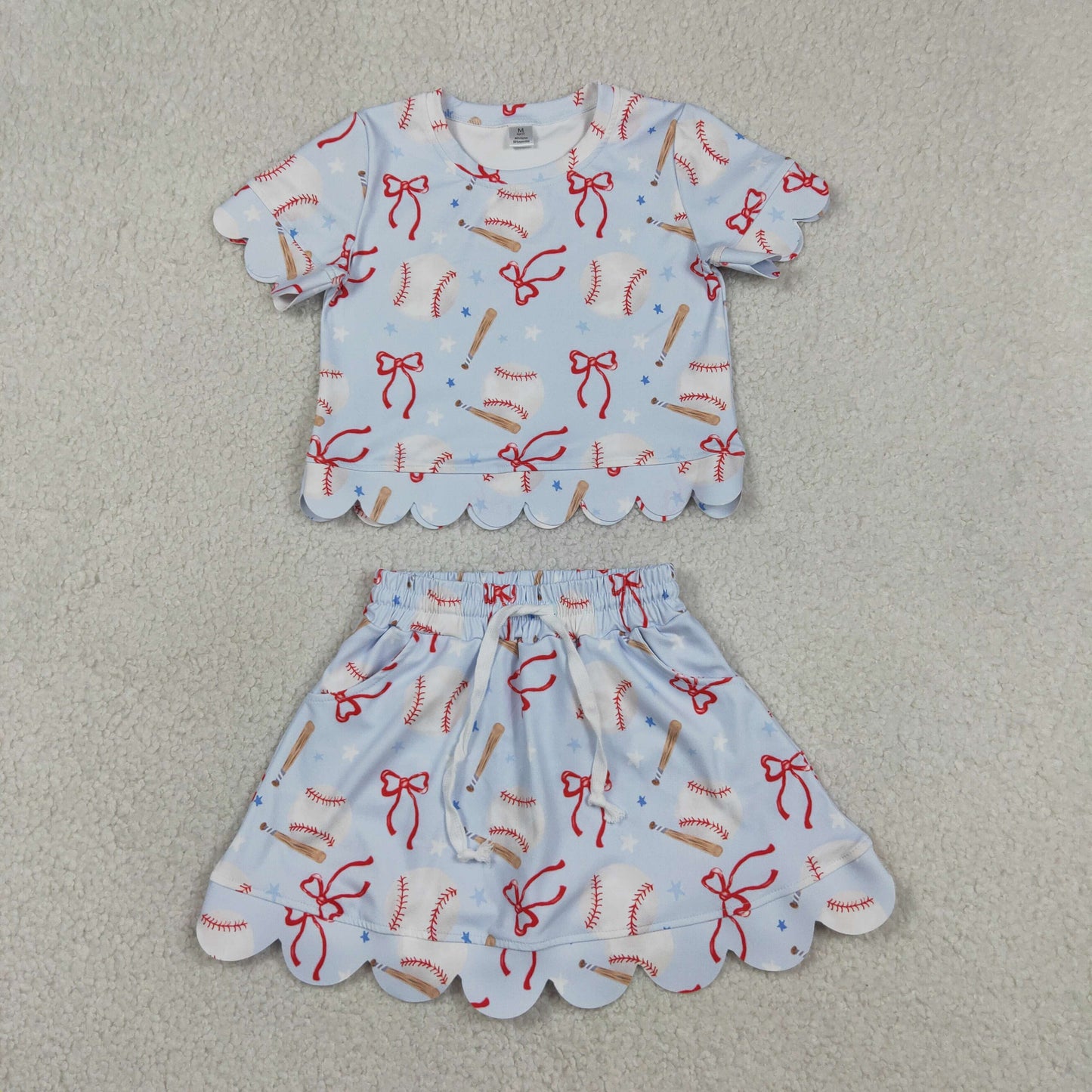 GSD3656 Kids Baby Girls Bows Baseballs Top Skirt Short Team Yoga Active Clothes Sets
