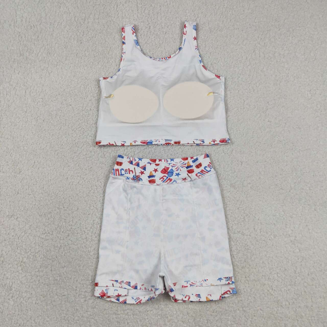GSD3498 Kids Baby Girls Bows Popsicle Stars Vest Skirt Shorts 4th of July Yoga Active Clothes Sets