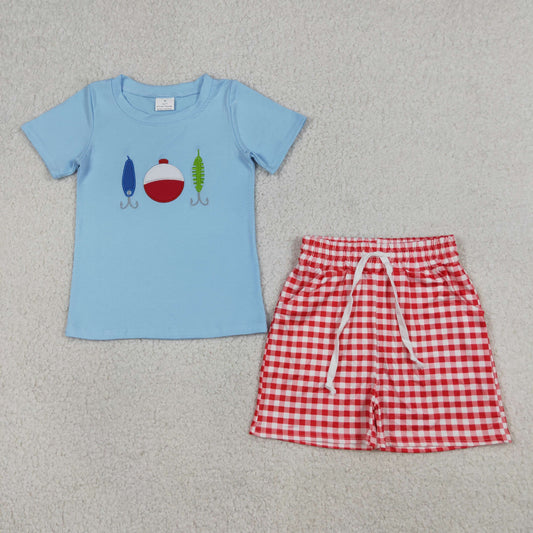 BSSO1699 Kids Embroidery Fishing Baby Boys Top Checked Pockets Shorts Hunting Clothes Sets