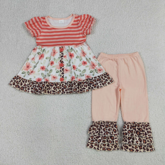 GSSO1044 Kids Baby Girls Leopard Flowers Button Tunic Ruffle Pants Clothes Sets