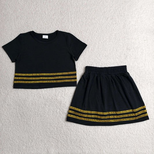 GSD4108 Kids Baby Girls Black Short Sleeve Gold Stripe Top Skirt Short Slouchy Clothes Sets