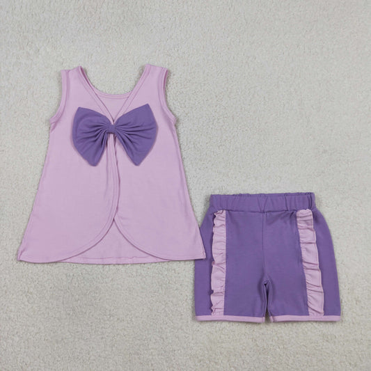 GSSO3461 Kids Baby Girls Lavender Sleeveless Back Bows Tunic Ruffle Shorts Clothes Sets