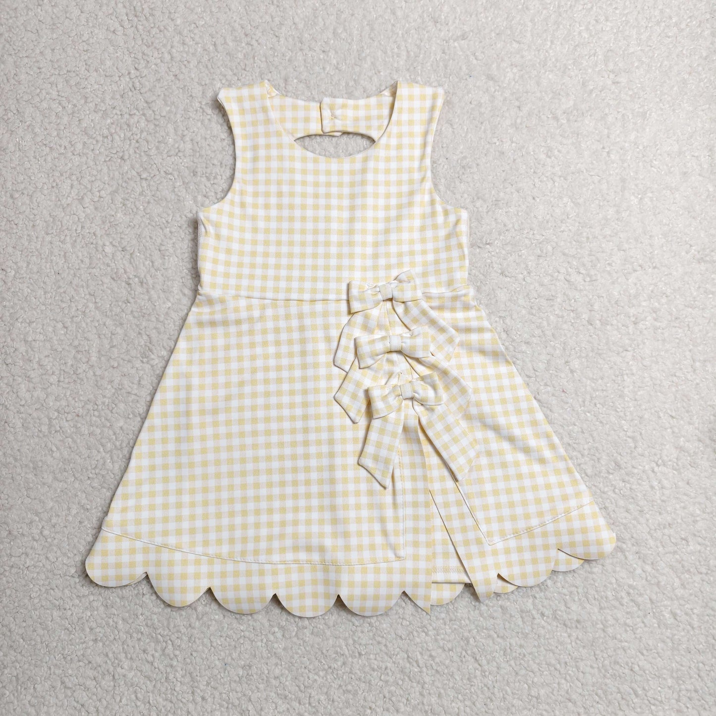 GSD3027 Kids Baby Girls Sleeveless Yellow Checked Yoga Shorts Short Scallop Knee Length Dresses