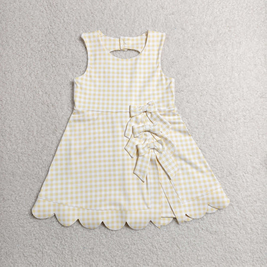 GSD3027 Kids Baby Girls Sleeveless Yellow Checked Yoga Shorts Short Scallop Knee Length Dresses