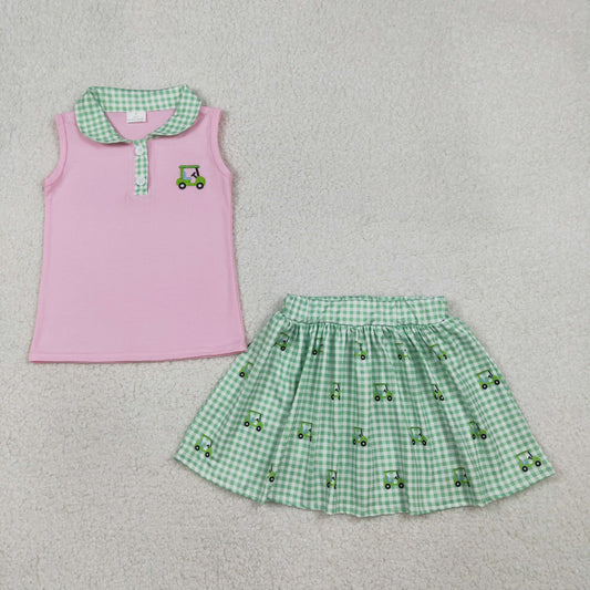 RTS NO MOQ(In Stock) GSD3120 Embroidered Golf Cart Buttoned Green Plaid Neckline Pink Sleeveless Skirt Set
