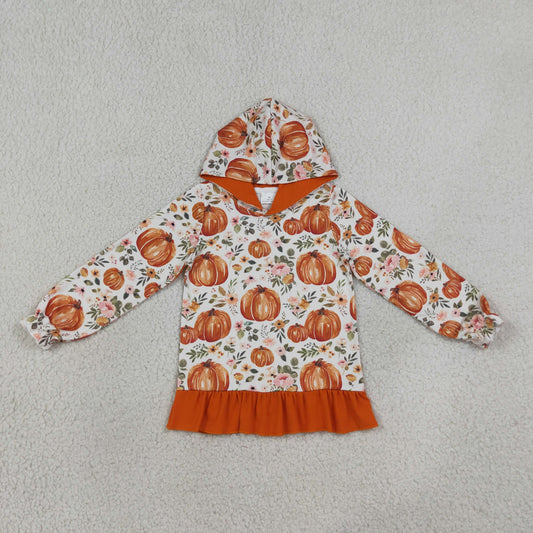 GT1647 Kids Clothing Baby Girls Flowers Pumpkins Fall Ruffle Hoodies Top