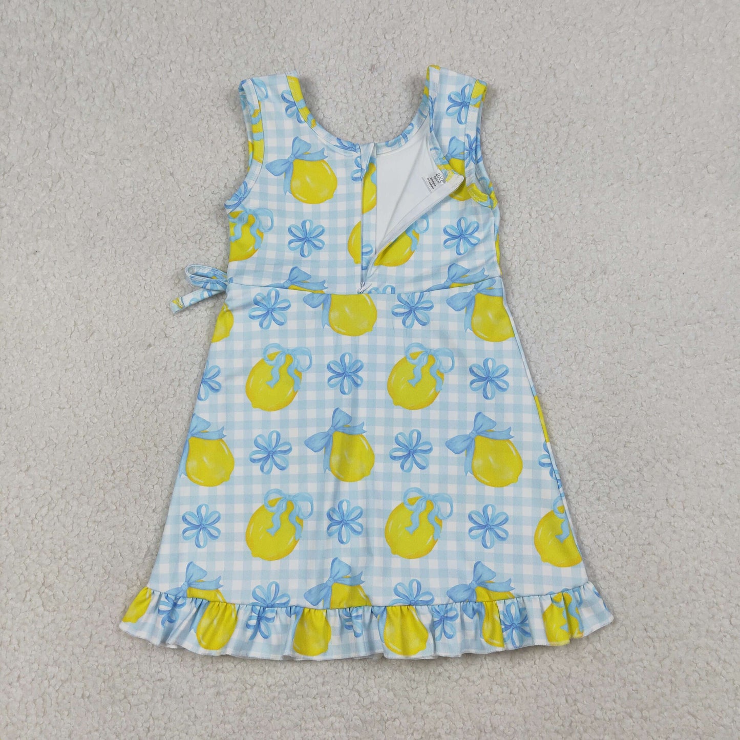 GSD3684 Kids Baby Girl Blue Checked Bow Lemons Back Zipper Yoga Active Shorts Ruffle Knee Length Dress
