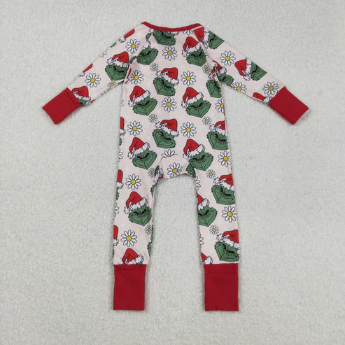 9.17 LR2489 Baby Girls Long Sleeves Christmas Green Face Flowers Ruffle Zipper Romper