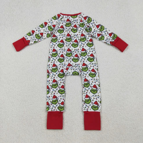 9.24 LR2574 Baby Boys Christmas Lights Green Face Plaid Zipper Footie Romper