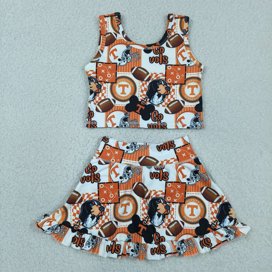GSD3613 Kids Baby Girls Footballs Go Vols Vest Ruffle Skirt Short Team Yoga Active Clothes Sets