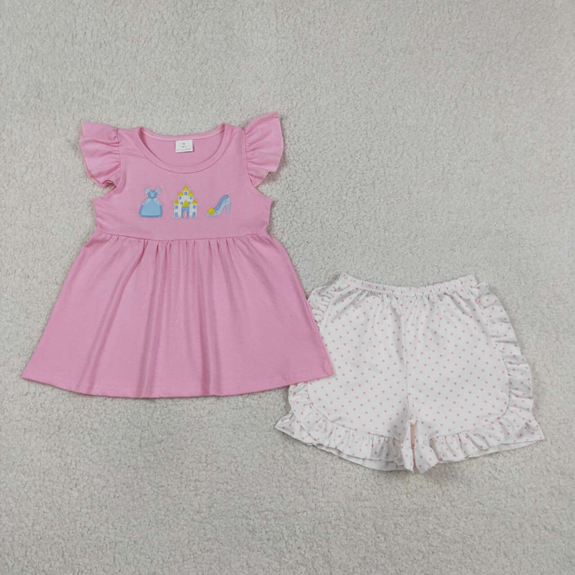 GSSO1186 Kids Embroidery Princess Baby Girls Flutter Sleeve Tunic Ruffle Shorts Clothes Sets