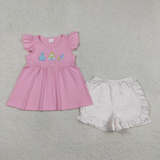 GSSO1186 Kids Embroidery Princess Baby Girls Flutter Sleeve Tunic Ruffle Shorts Clothes Sets