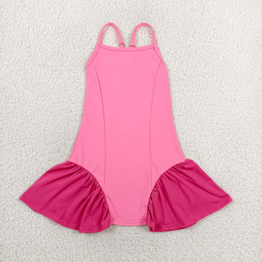 GSD3688 Kids Baby Girls Pink Strap Yoga Active Shorts Knee Length Dresses