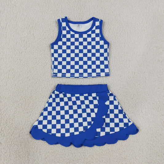 GSD4110 Kids Baby Girls Hot Blue Checked Crop Scallop Skirt Short Yoga Active Clothes Sets