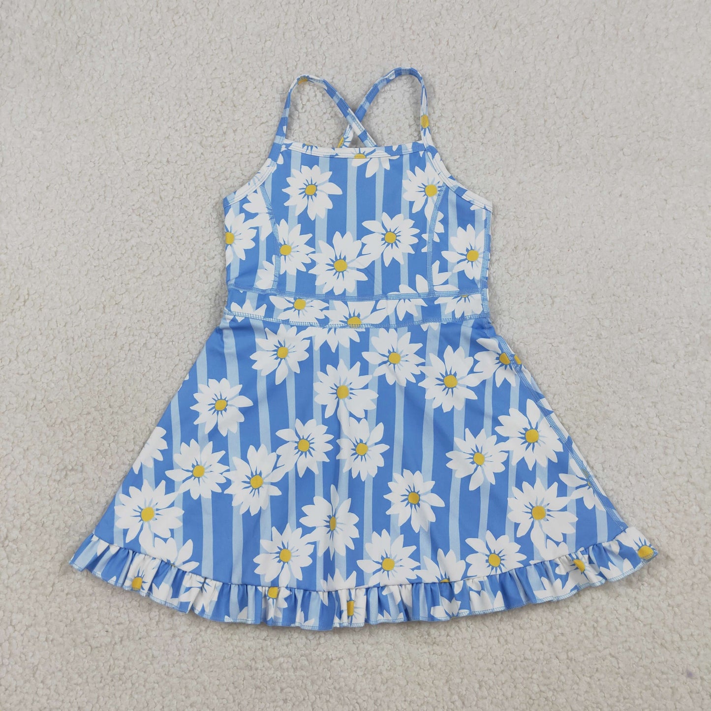 GSD2283 Kids Baby Girl Blue Strap Stripe Floral Yoga Ruffle Knee Length Dresses
