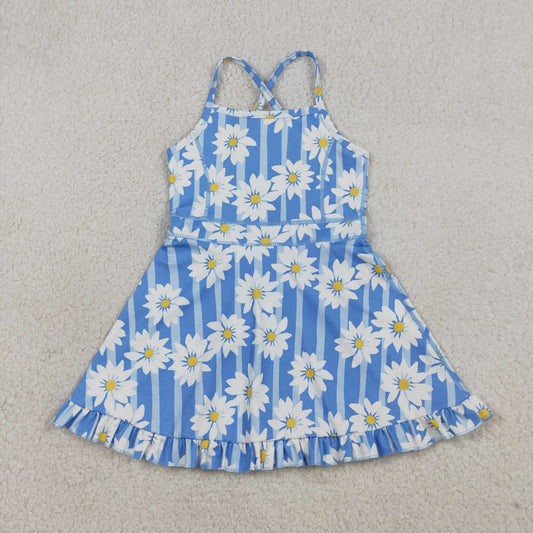 GSD2283 Kids Baby Girl Blue Strap Stripe Floral Yoga Ruffle Knee Length Dresses