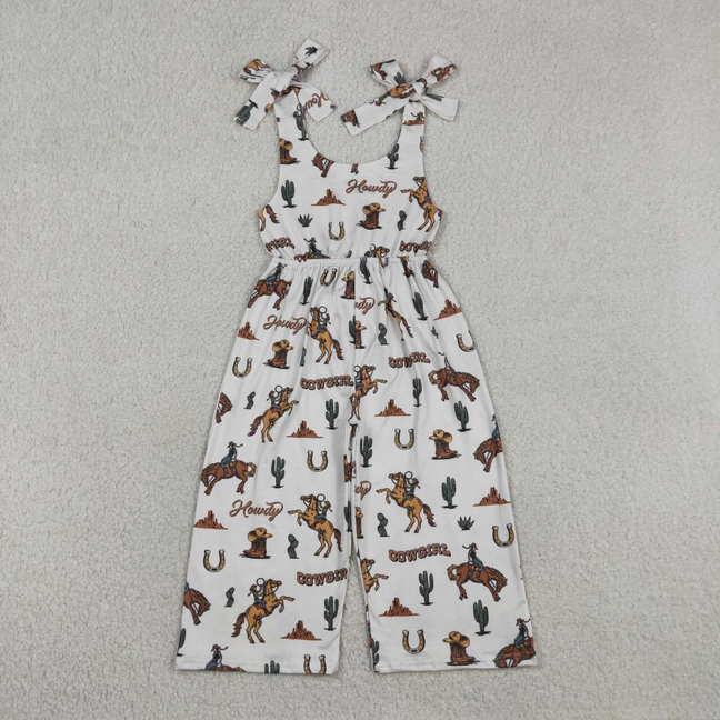SR2969 Kids Baby Girls Bows Strap Horse Rodeos Cactus Western Pant Jumpsuits